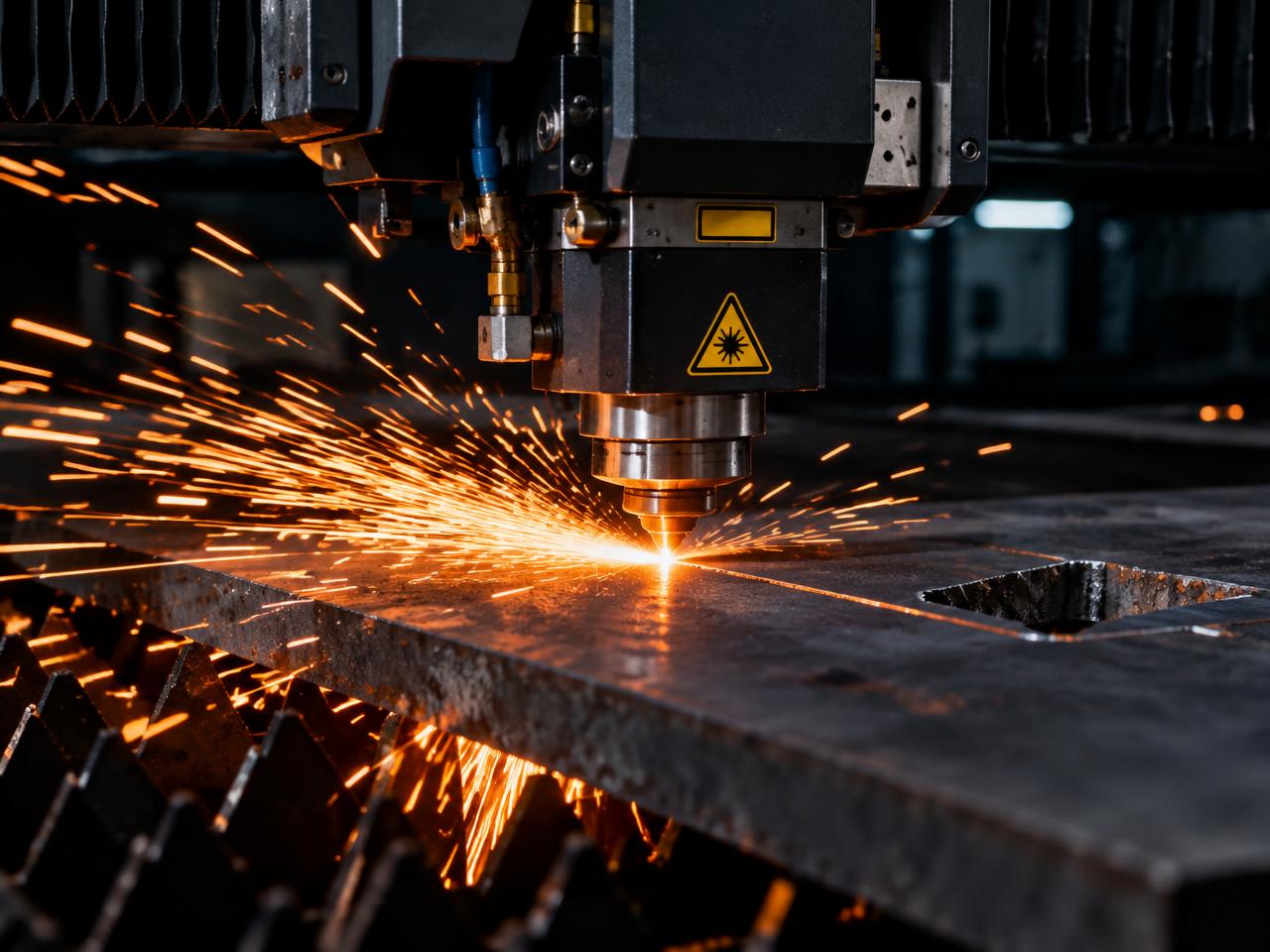 Corte a laser industrial soltando faíscas